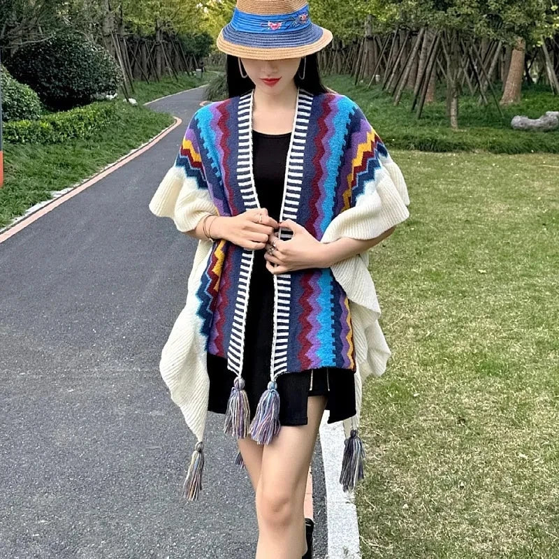 Boho Women Cape Korean Tassel Knitted Shawl Fashion Stripe Ruffled Cardigan Female Spring Autumn Casual Warm Coat