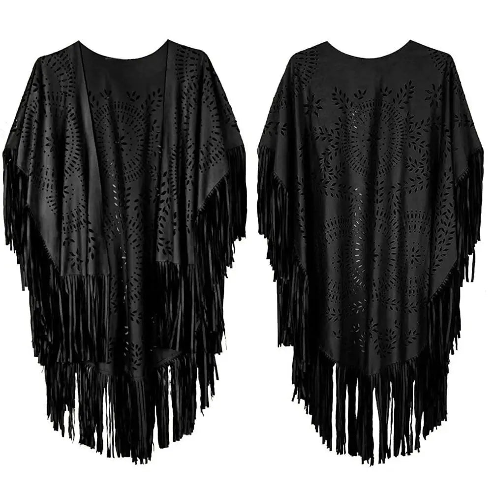 Suede Floral Hollow Out Fringe Tassel Shawl Women Vintage Capes Ponchos Bohemian Cardigan Coat Cloak Boho Capes Bikini Cover