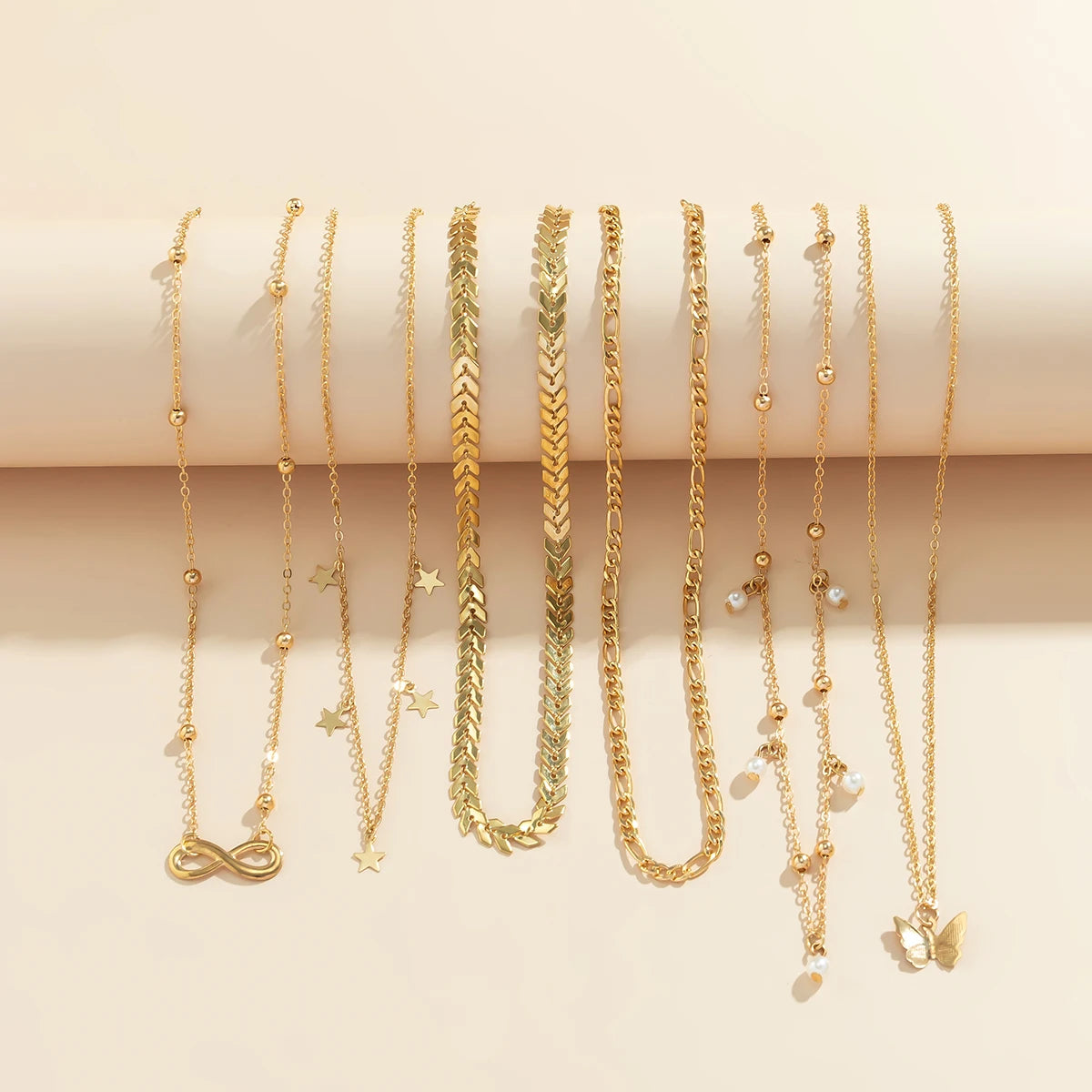 6Pcs/Set Boho Infinite Symbol Leaf Butterfly Pendant Necklace for Women Vintage Ethnic Imitation Pearl Thin Chain Party Jewelry