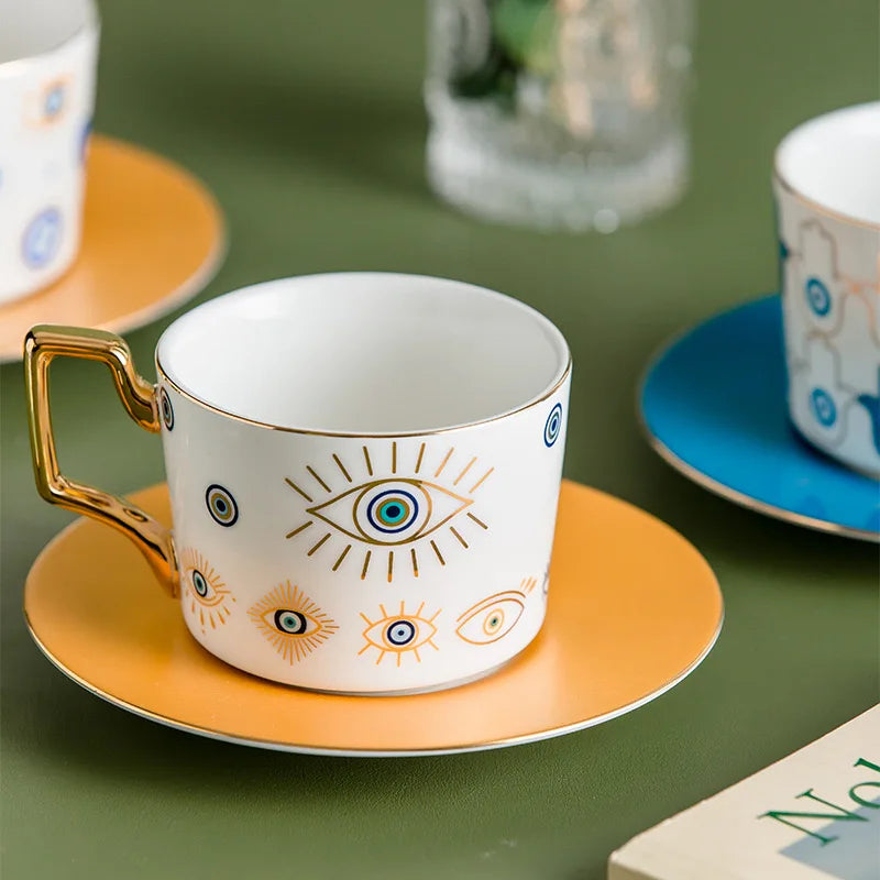 1 Set Blue Eyes Coffee Mug Porcelain Mug With Saucers Ojo Turco Turkey Coffee Cup Amulet Evil Eye Protection Mugs Ceramic Cup
