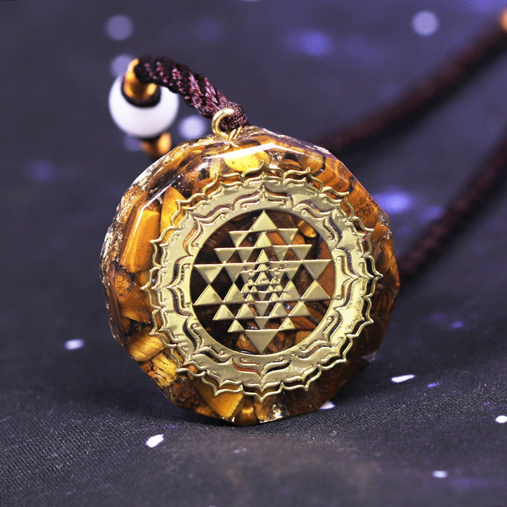 Orgonite Pendant Sri Yantra Necklace Tiger Eye Necklace Sacred Geometry Energy Healing Yoga Jewelry