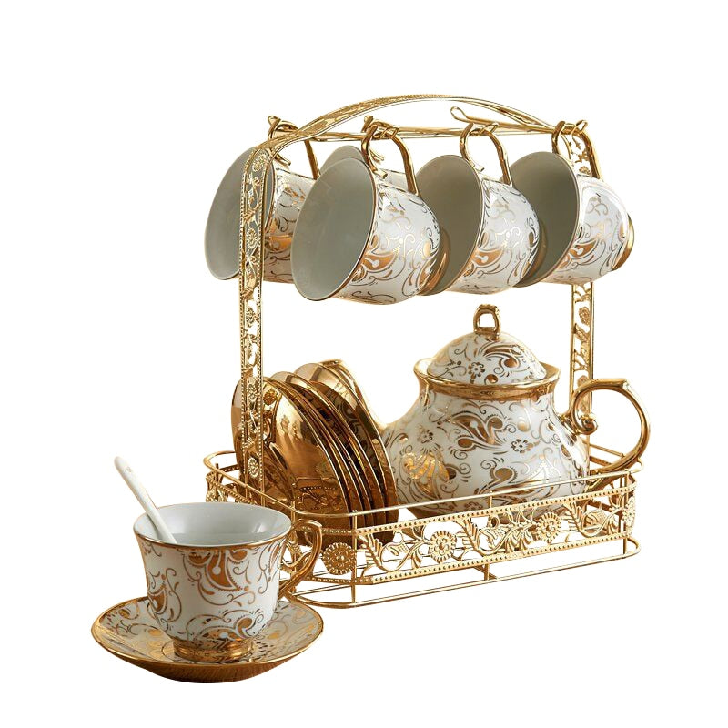 European Ceramic Tea Cup And Saucer Set Chinese Ivory Gold bone china Coffee Cups Set Pot Creamer Sugar Bowl Teatime Teapot Mug