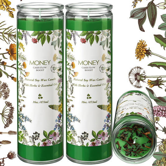 Yaomiao 2-Pack Soy Wax Scented Candles with Essential Oils & Herbs, Money Cash Flow Aroma for Prosperity & Abundance, Single-Wick, Glass Container, No Batteries Needed, Ideal for Christmas Holiday