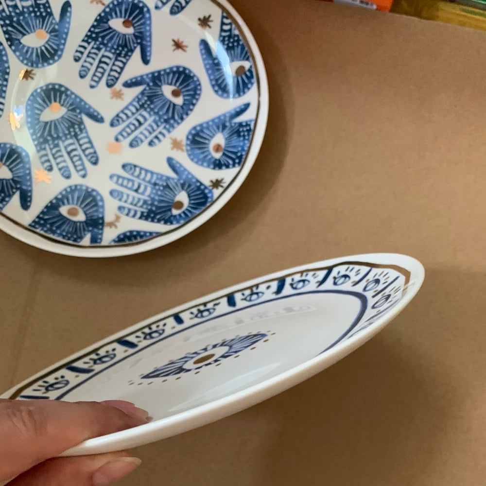 Creative Hands Eyes Plate with Gold Rim Ceramic Dinnerware Dessert Cake Dishes Coffee Cups Indian Style Totem Serving Tray