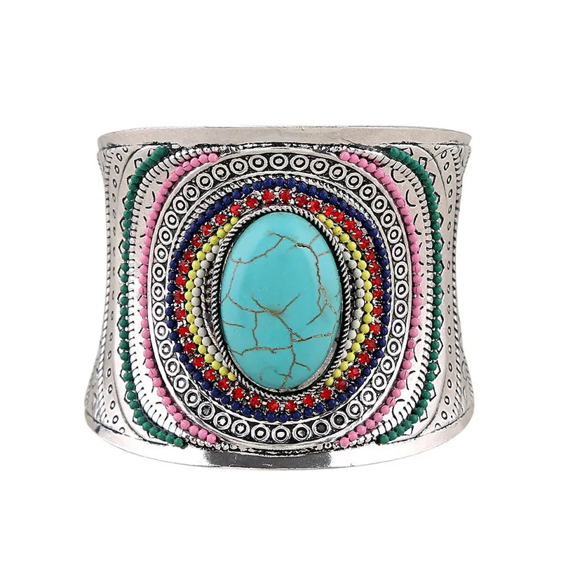 Colorful Natural Oval  Wide Cuff Bracelets Charming Big Bangles Bohemian Tibetan   Bracelet  Enamel Jewelry For Women