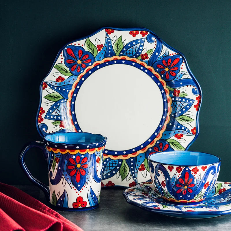 EECAMAIL Creative Hand-painted Ceramic Tableware Boho Flat Plate Pasta Dish Steak Plate Salad Plate Western Dish Underglaze