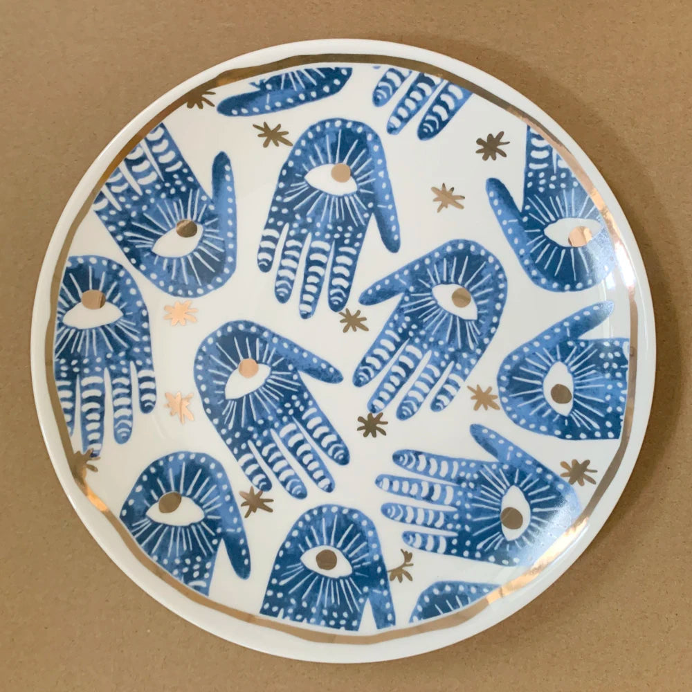 Creative Hands Eyes Plate with Gold Rim Ceramic Dinnerware Dessert Cake Dishes Coffee Cups Indian Style Totem Serving Tray