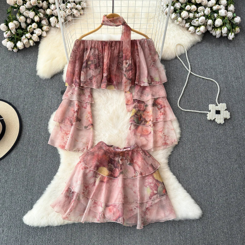 Holiday Ruffles Beach Skirts Suit Women Fashion Off Shoulder Floral Chiffon Tops  High Waist Mini Skirt Womens Two Peice Sets