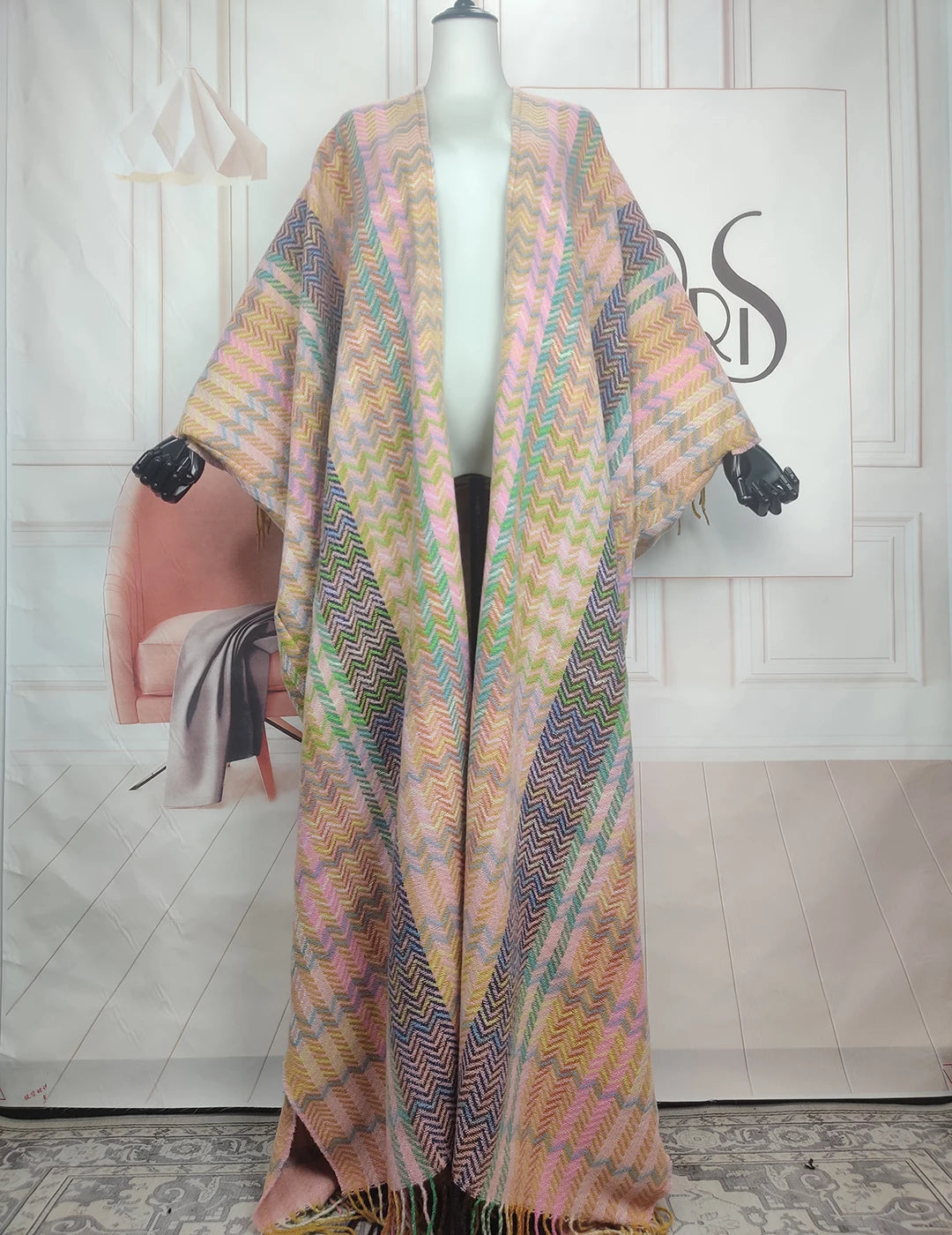 2023 Fashion New Winter Rainbow Wave Fuzzy Long Cardigans Plus Size African Blogger Warm Boho Duster Coat For Holiday