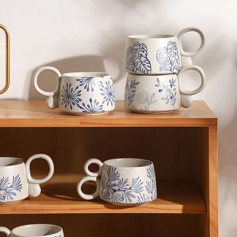 Ceramic Latte Mug 13.4oz Porcelain Coffee Cups with Handle Boho Cup for Tea Hot Cocoa Cappuccino Home Office Cafe Birthday Gift