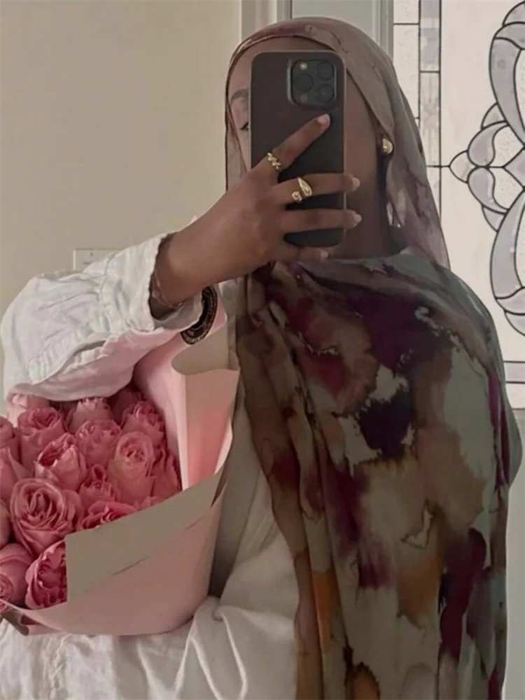 1Pcs Islam Ramadan Watercolor Print Hijab Women Bohemian Soft Muslim Hijabs Foulard Femme Shawl Wrap Scarf Headscarf