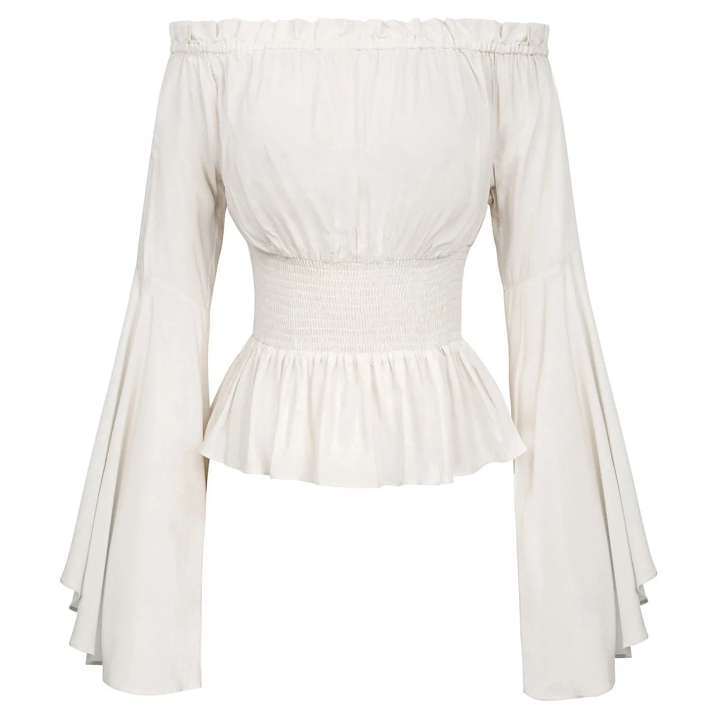 Women's Bohemian Shirt Top Gothic Ruffle Edge Shirt One Line Collar Blouse Long Sleeved Ladies Solid Blouse Boho Top