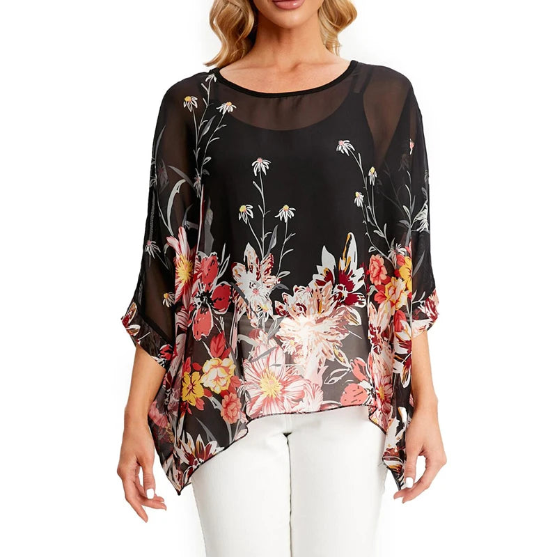 BHflutter Blouse Plus Size 2022 New Batwing Casual Summer Blouse Women Boho Chiffon Shirt Top Shirt Women