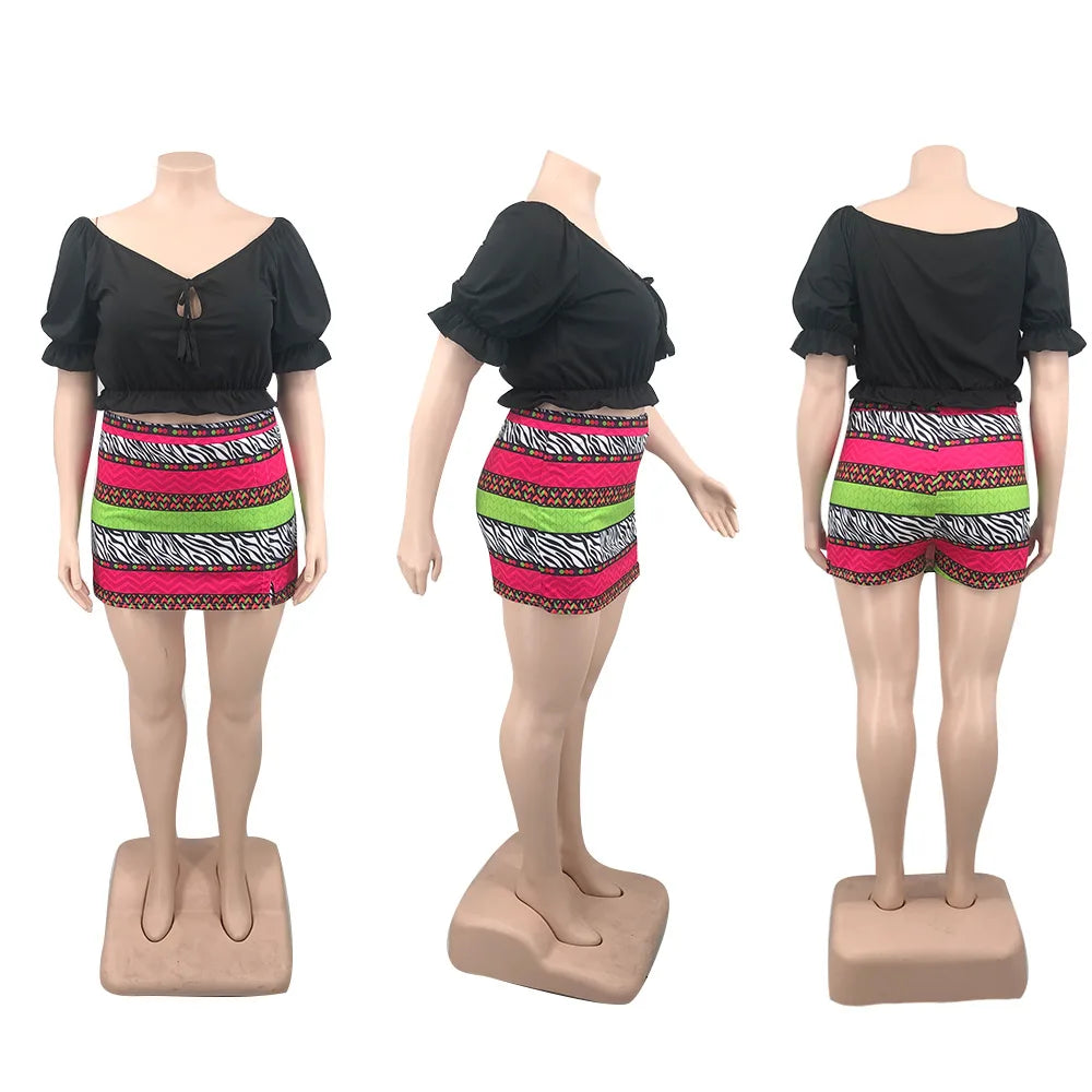 2022 Sexy Women Plus Size Two Piece Sets One Word Shoulder Top and Mini Skirt Pants Summer Bohemian Wholesale Dropshipping