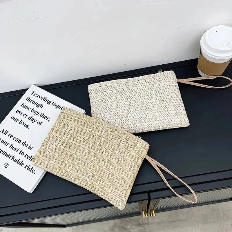 Bohemian Elegant Straw Handbag Beach Handmade Woven Women's Clutch Pure Colour Wallet Mobile Phone Coin Storage Bag