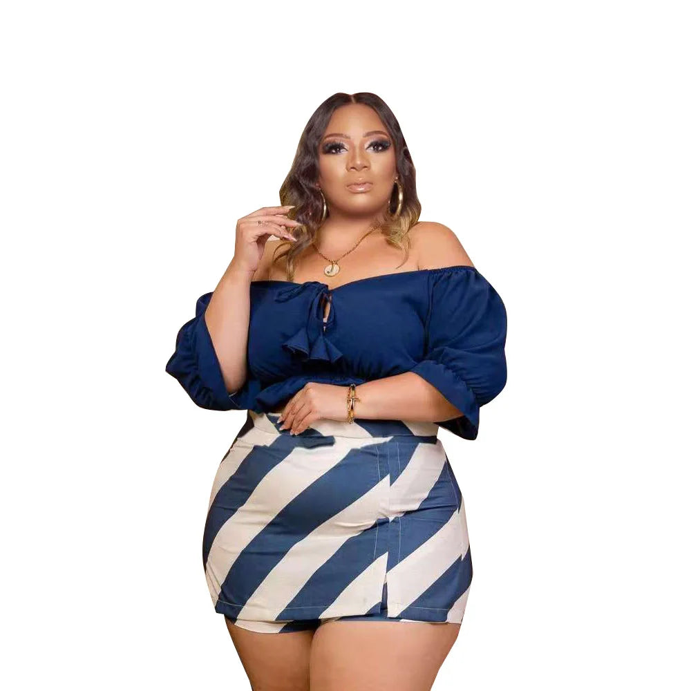 2022 Sexy Women Plus Size Two Piece Sets One Word Shoulder Top and Mini Skirt Pants Summer Bohemian Wholesale Dropshipping