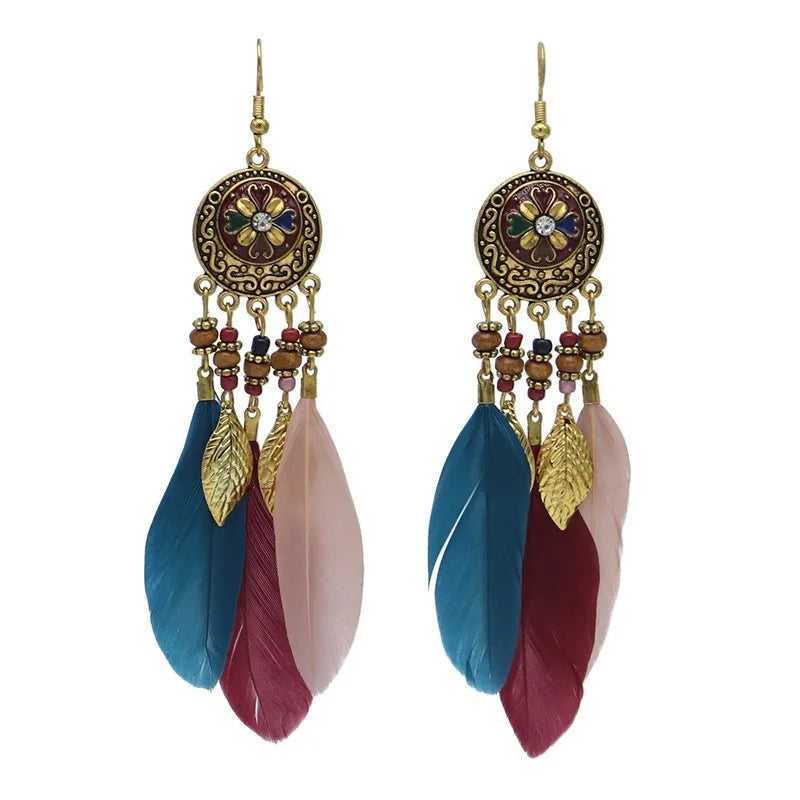 Boho Feather Tassel Earrings 2024 Trendy Elegant Antique Alloy Carved Wood Bead Leaf Dangling Earrings Women Party Jewelry