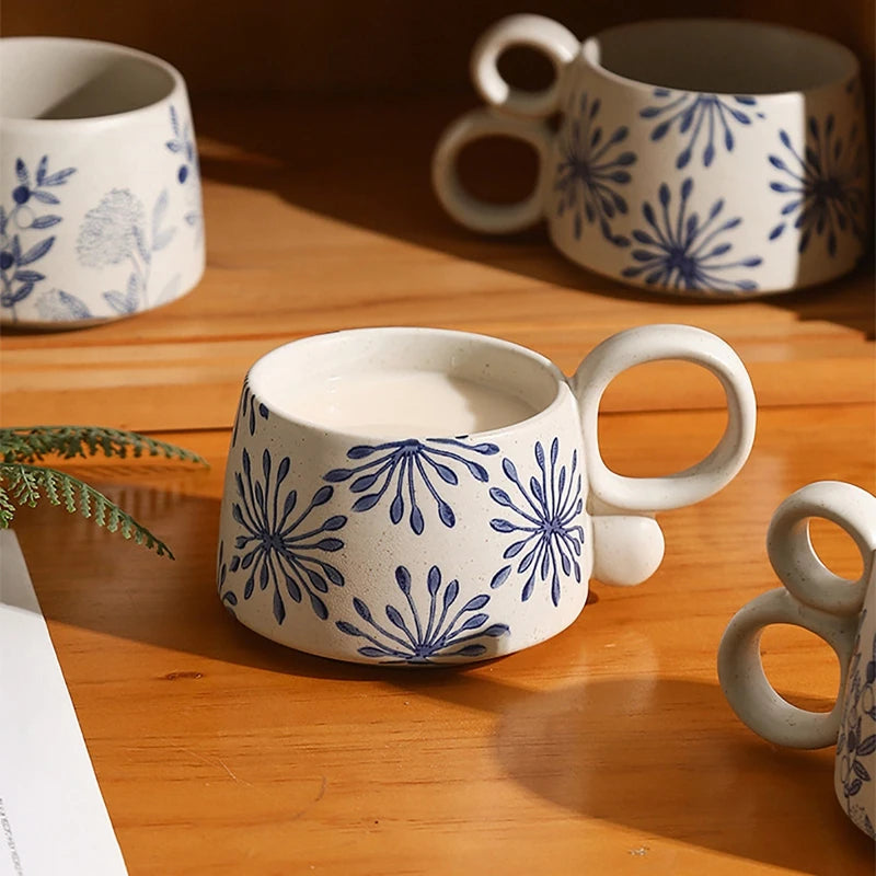 Ceramic Latte Mug 13.4oz Porcelain Coffee Cups with Handle Boho Cup for Tea Hot Cocoa Cappuccino Home Office Cafe Birthday Gift