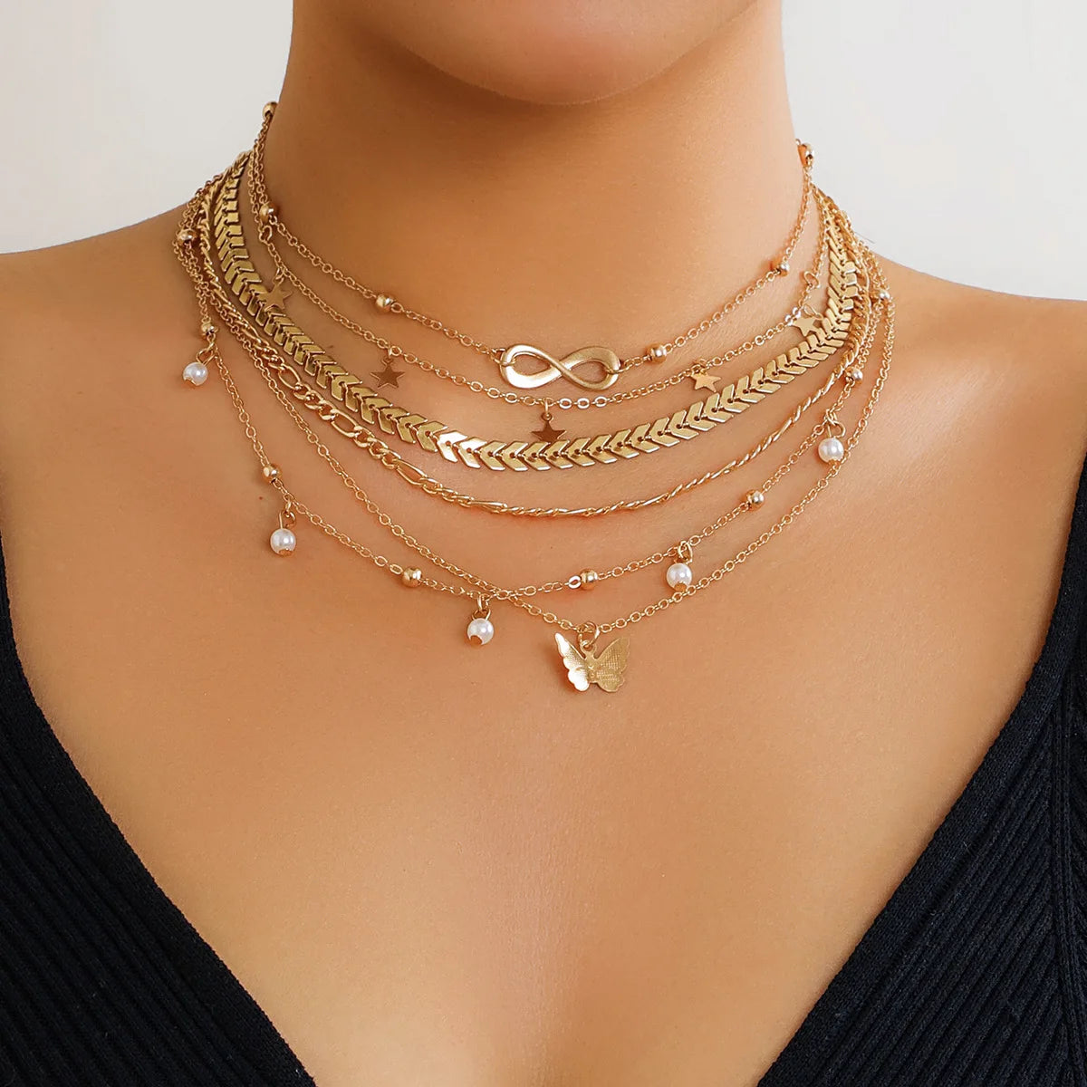 6Pcs/Set Boho Infinite Symbol Leaf Butterfly Pendant Necklace for Women Vintage Ethnic Imitation Pearl Thin Chain Party Jewelry