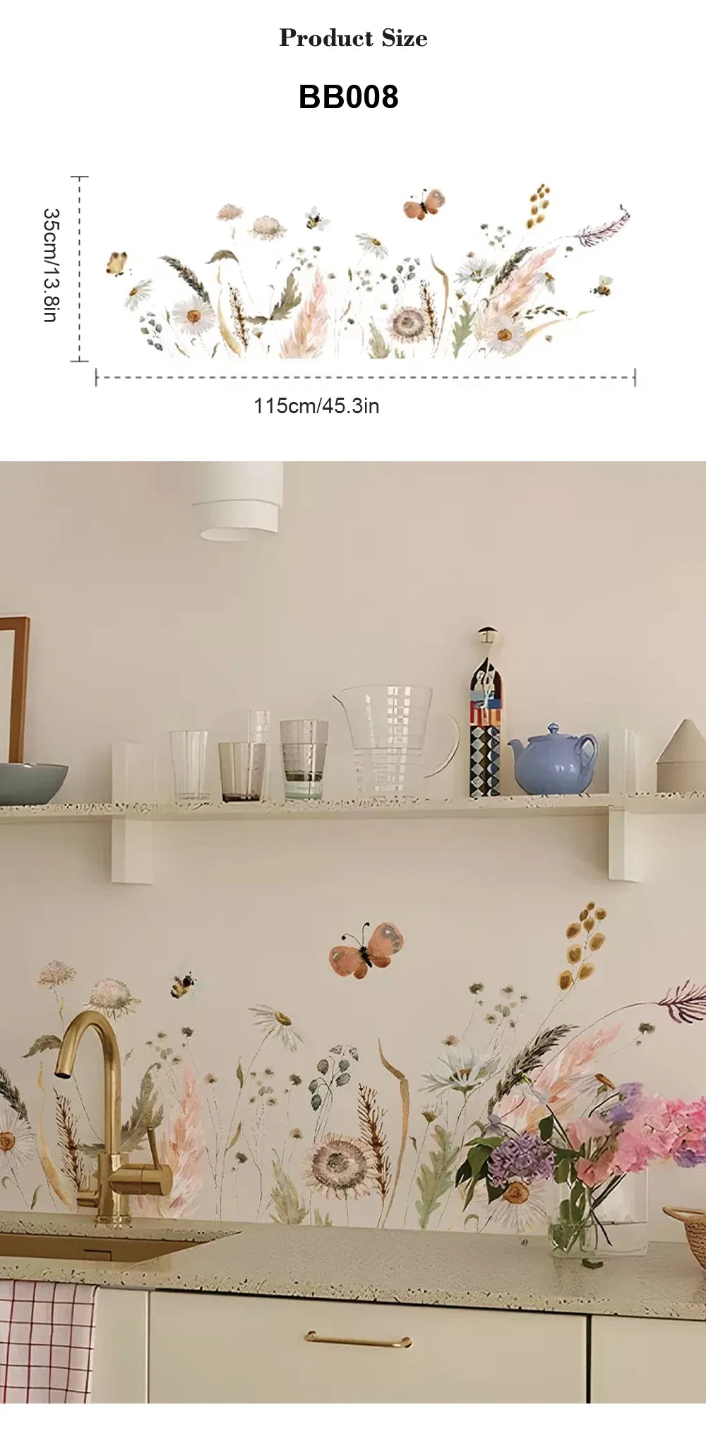 Boho Wildflowers Wall Stickers for Kitchen Glass Backsplash, Botanical Wall  Border, Peel and Stick, Dining Room Decoration