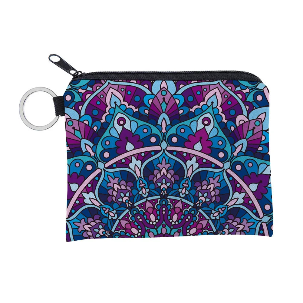 Bohemian Style Small Coin Purse Mini Wallet Coin Bag Datura flower pattern Print Waterproof with Zipper Keys Wallets for Women