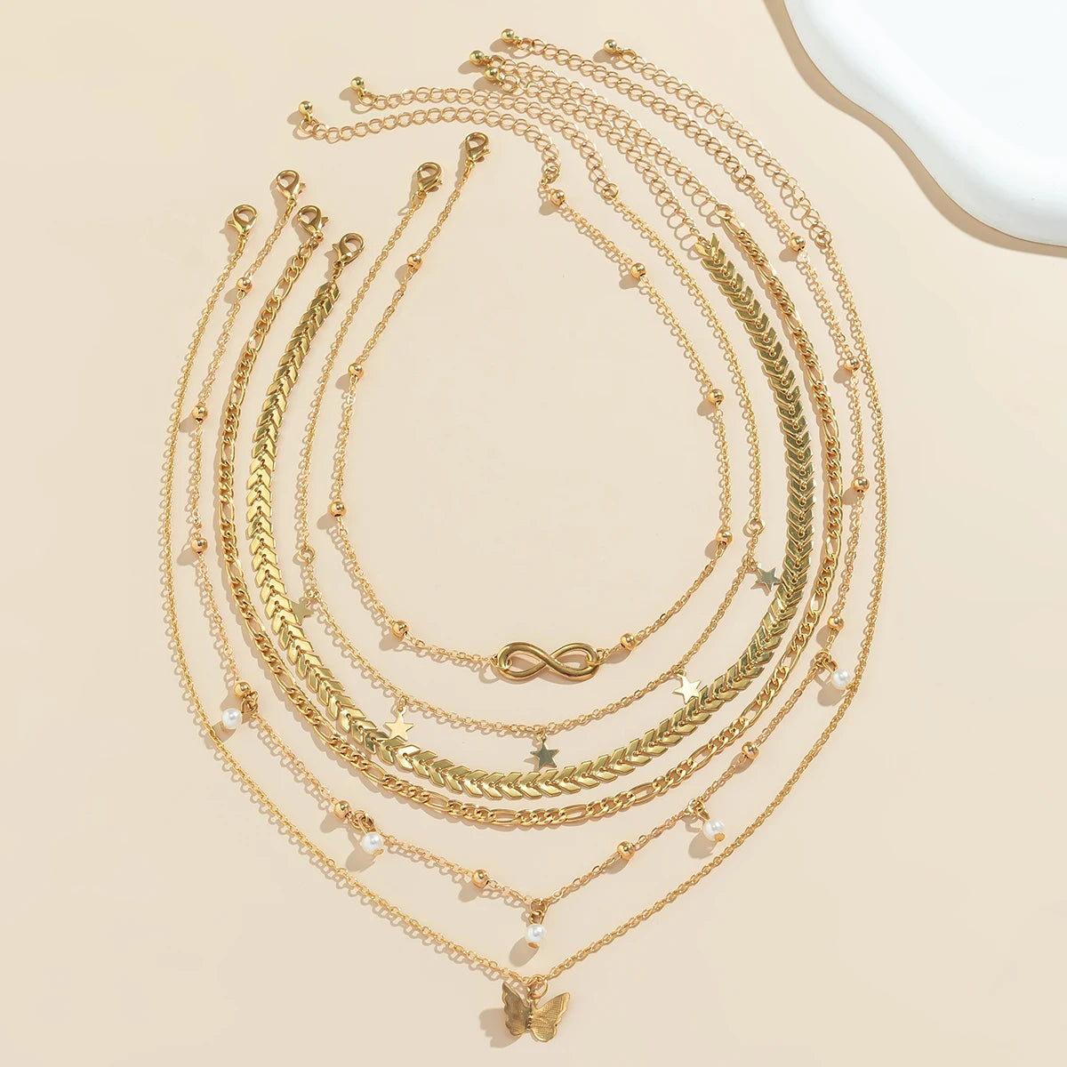 6Pcs/Set Boho Infinite Symbol Leaf Butterfly Pendant Necklace for Women Vintage Ethnic Imitation Pearl Thin Chain Party Jewelry