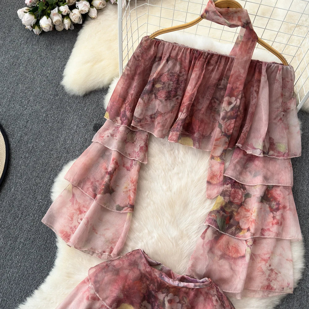 Holiday Ruffles Beach Skirts Suit Women Fashion Off Shoulder Floral Chiffon Tops  High Waist Mini Skirt Womens Two Peice Sets
