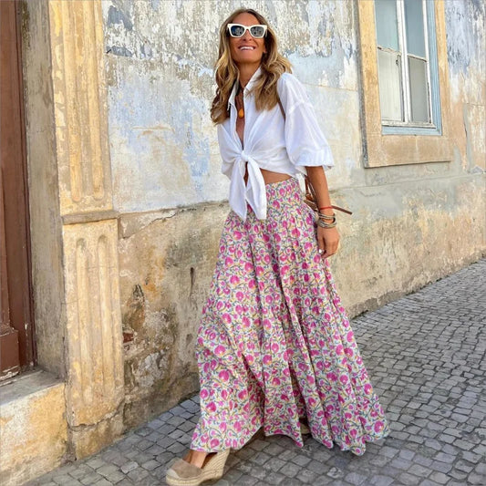 Women Summer Long Skirt Boho Print Skirt Female Floral Beach Maxi Skirts Ladies Vintage Loose Elastic Waist Party Holiday Skirt