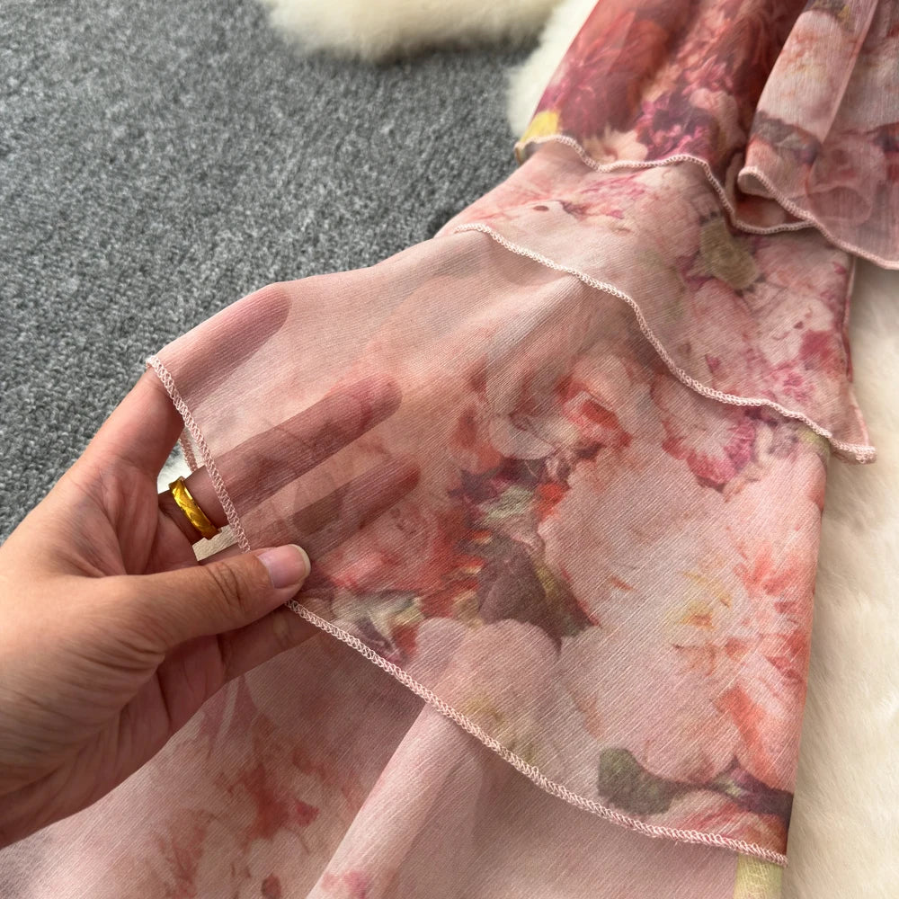 Holiday Ruffles Beach Skirts Suit Women Fashion Off Shoulder Floral Chiffon Tops  High Waist Mini Skirt Womens Two Peice Sets