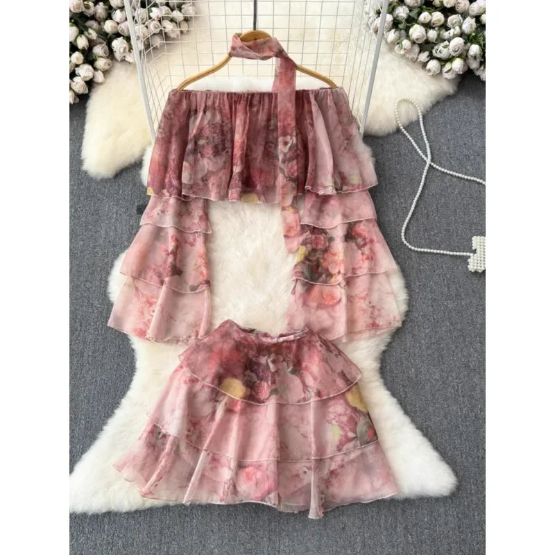 Holiday Ruffles Beach Skirts Suit Women Fashion Off Shoulder Floral Chiffon Tops  High Waist Mini Skirt Womens Two Peice Sets