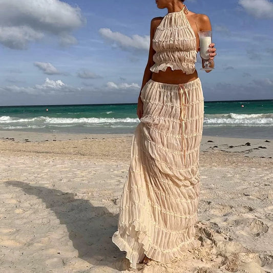 Women Boho Sexy Backless Matching Suit 2 Piece Beach Holiday Outfits Vintage Ruched Halter Cami Tops + Maxi Long Skirt Party