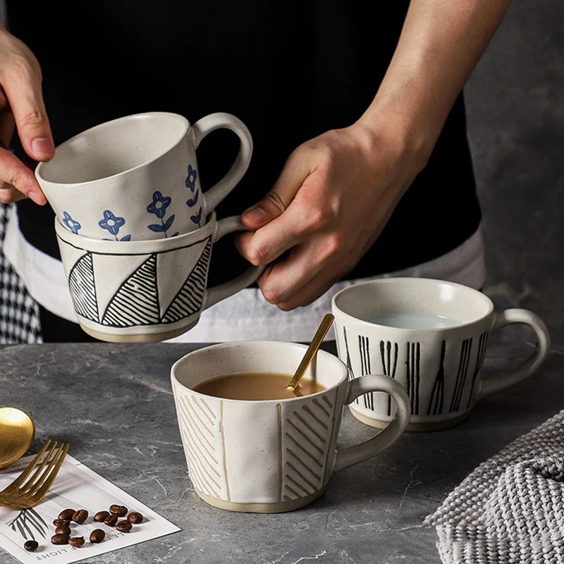 Ceramic Latte Mug 13.4oz Porcelain Coffee Cups with Handle Boho Cup for Tea Hot Cocoa Cappuccino Home Office Cafe Birthday Gift