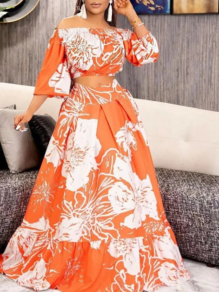 Autumn Fashion Boho Print Skirt Women's Sets Sexy V-neck Crop Top + Long Skirt 2 Piece Set Elegant Suit Casual Women's Clothing