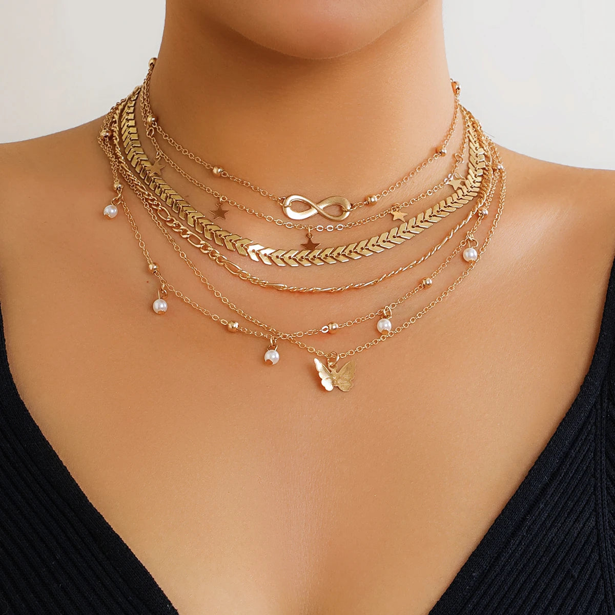 6Pcs/Set Boho Infinite Symbol Leaf Butterfly Pendant Necklace for Women Vintage Ethnic Imitation Pearl Thin Chain Party Jewelry