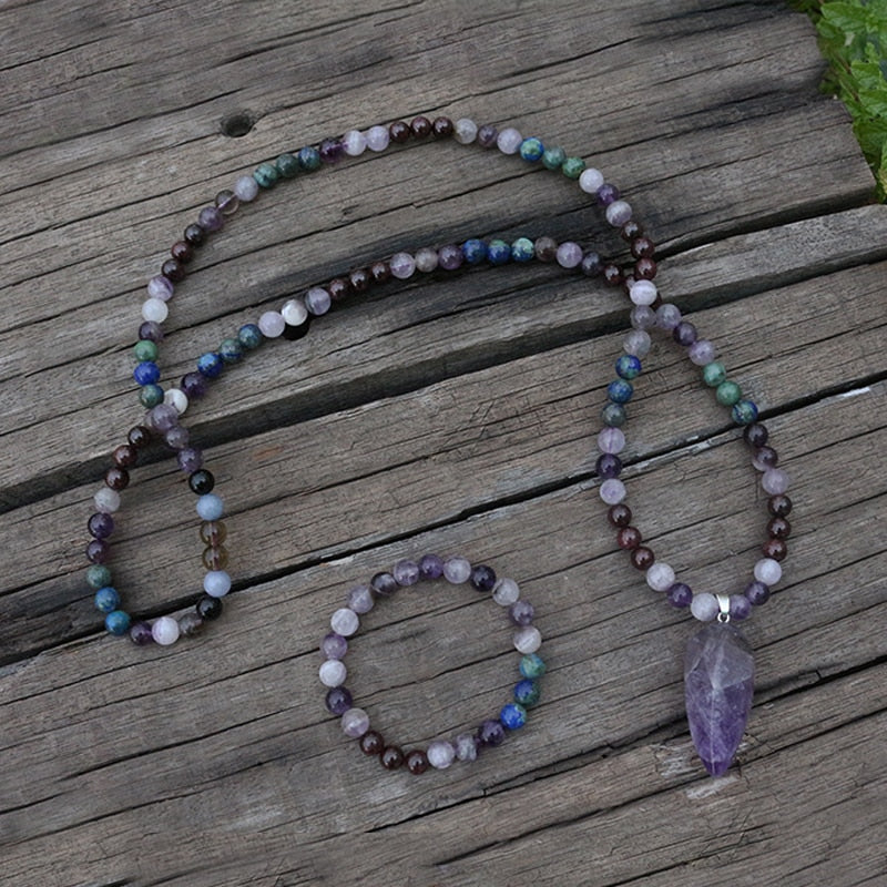 100% 8mm Natural Stone Beads,Amethyst,Garnet,Lapis, JapaMala Beads, 108 Mala Necklace,Meditation Mantra Beads, Spiritual Jewelry