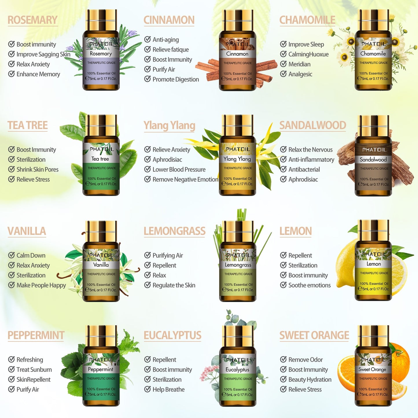 Pure Essential Oils 15pcs Gift Set Natural Plant Aroma Essential Oil Diffuser Eucalyptus Vanilla Mint Lavender Rose Tea Tree Oil