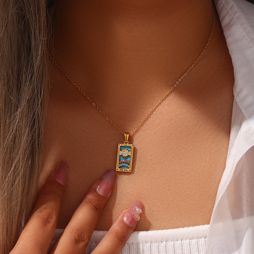 2022 New Design Christmas Jewelry Gift Colorful Gometric Meaningful Moon Sun Lover Stainless Steel Tarot Necklaces For Women